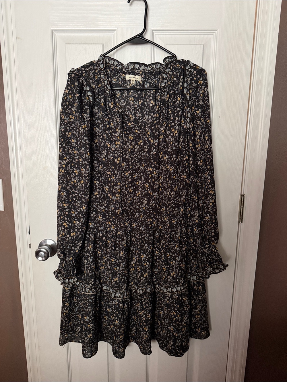 Max Studio Floral Ruffle Long Sleeve Dress - Black/Mustard